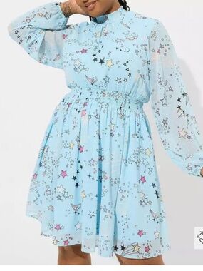 Whimsigoth Celestial Torrid 0 Light Blue Star-Print Long Sleeve Skater Dress